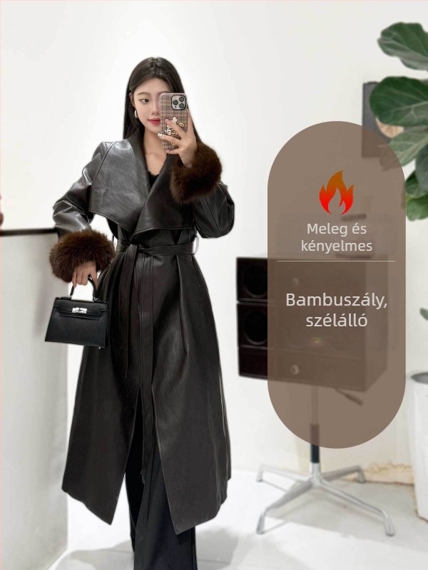 PU bőrház imitáció hosszú kabát reverrel, steppelt vastag bélés, karcsúsított fazon, szőrös ujjak, derékon fűzős öv