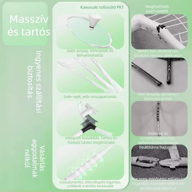 Badminton ütő – vasötvözet váz, tömeg 95–100 g, fogó G2, közvetlen ütés, közepes keménység