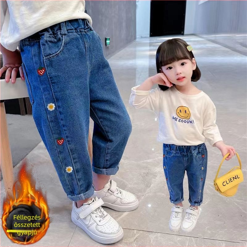 Lányoknak készült denim nadrág fleece béléssel, koreai stílusú téli laza szabás, 50% pamut, 3–8 évesek.