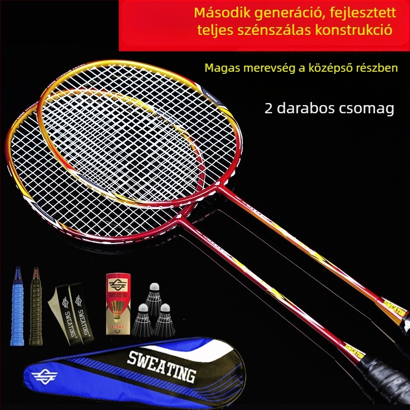 Szénszálas badmintonütő, keret szénszálból, tömeg 85–89 g, nyél vastagsága G4, egyenes nyél, kezdő játékosok számára