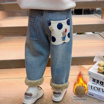 Gyerekeknek készült fleece belsejű denim nadrág, középmagasságú derékkal és elasztikus övvel, 67% pamut, őszi-téli szezonra (3–8 évesek)