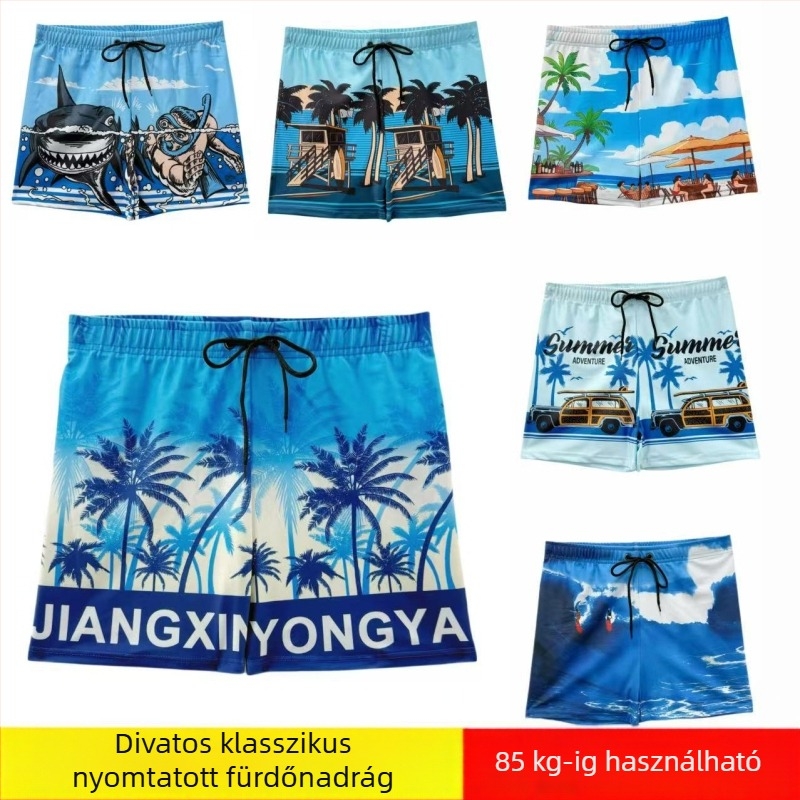 Férfi gyorsan száradó úszónadrág palmás mintával, széles derékpánttal