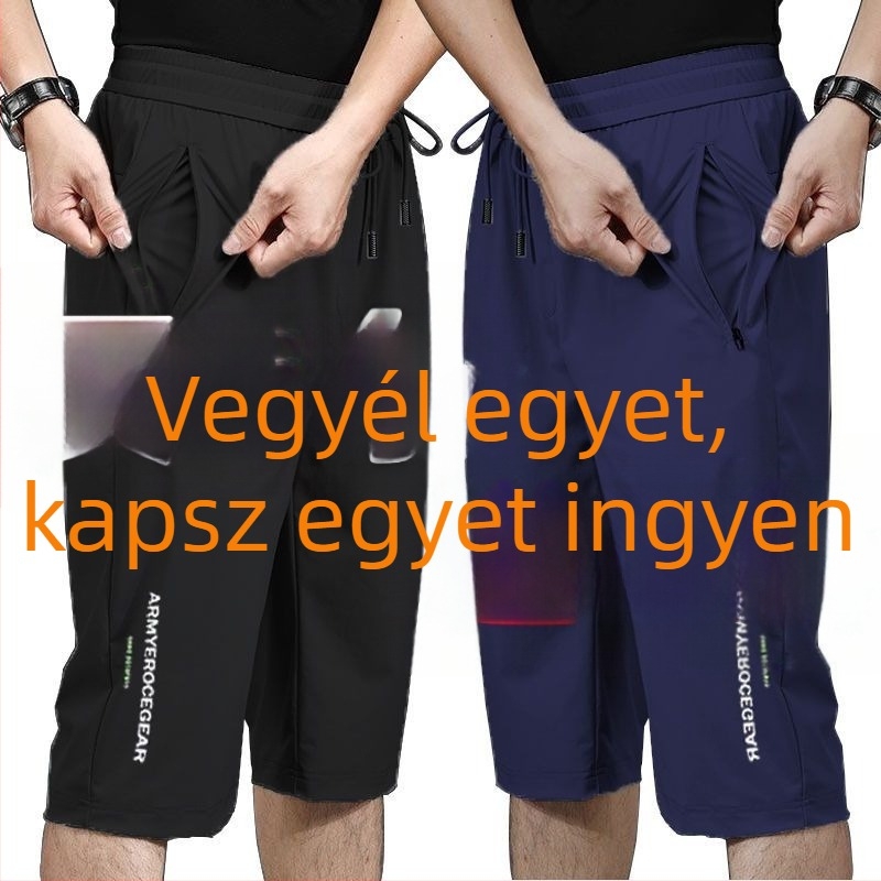 Férfi nyári Ice Silk rövidnadrág, lazább szabás, 3/4 hossz, gyorsan száradó, légáteresztő strandnadrág