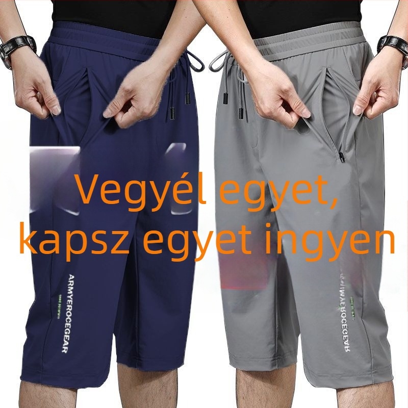 Férfi nyári Ice Silk rövidnadrág, lazább szabás, 3/4 hossz, gyorsan száradó, légáteresztő strandnadrág