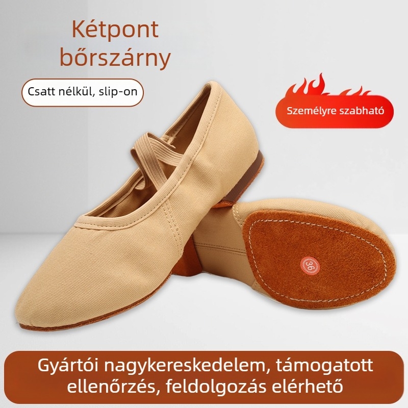 Női tánccipő — puha bőrtalp, vászon felsőrész, belső használatra, fűző nélküli, 1 cm talpvastagság
