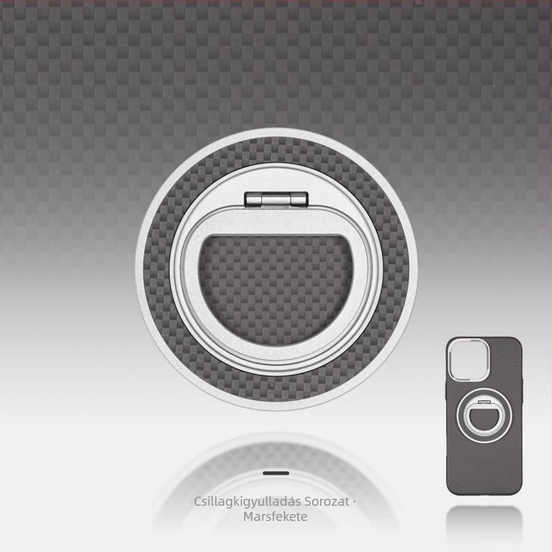 MagSafe-kompatibilis telefon-tartó szénszálas és fém anyagból, forgó gyűrű záróval, háromszög alakú