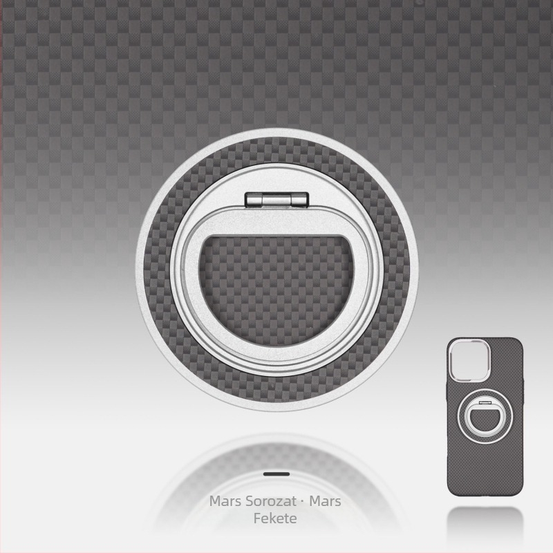 MagSafe-kompatibilis telefon-tartó szénszálas és fém anyagból, forgó gyűrű záróval, háromszög alakú