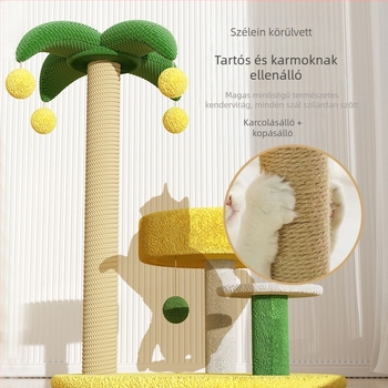 Sizálból készült macska mászóállvány odúval és fával, integrált kaparódeszka, űrkapszula dizájn, minimalist stílus