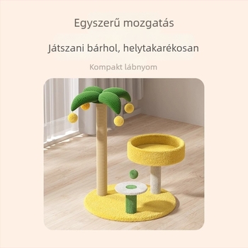 Sizálból készült macska mászóállvány odúval és fával, integrált kaparódeszka, űrkapszula dizájn, minimalist stílus