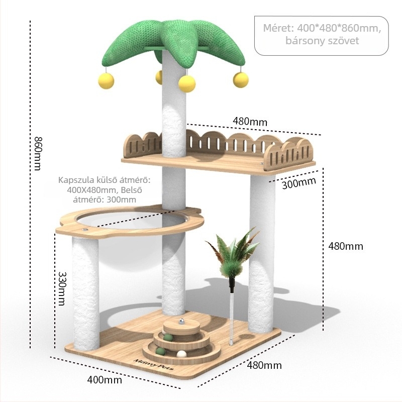 Sizálból készült macska mászóállvány odúval és fával, integrált kaparódeszka, űrkapszula dizájn, minimalist stílus