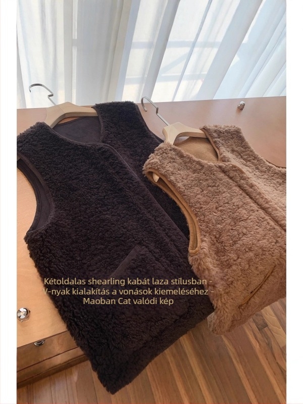 Báránygyapjú bolyhos mellény, ujjatlan, V-nyakú, középhosszú 50–65 cm