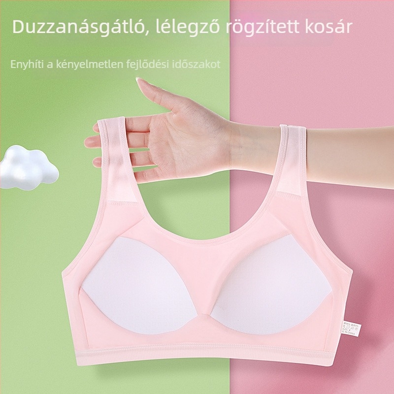 Pamutszín melltartó lányoknak fejlődési szakaszban, fix kosár, légáteresztő hálós panellel, vékony formázott kosár
