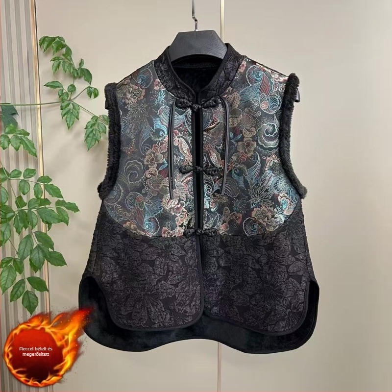 Jacquard hímzett mellény etnikus stílussal, ujjatlan, V-nyakú, ultra rövid hosszúságú (≤40 cm), gyapjú töltet, fő anyag: rayon, A-vonalú siluett