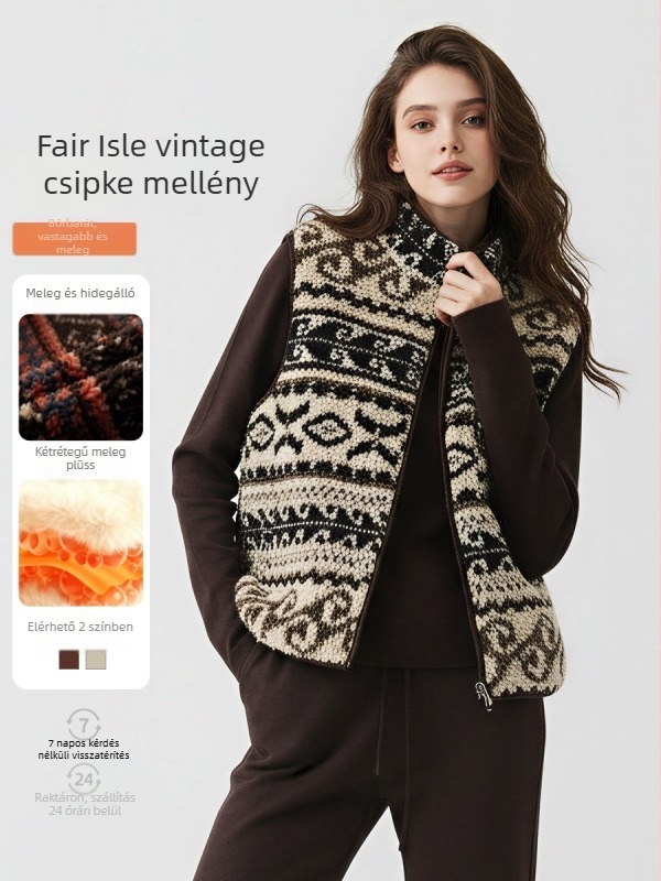 Női ujjatlan mellény Fair Isle Jacquard szövésű, álló gallér, poliészter, casual stílus, téli 2025