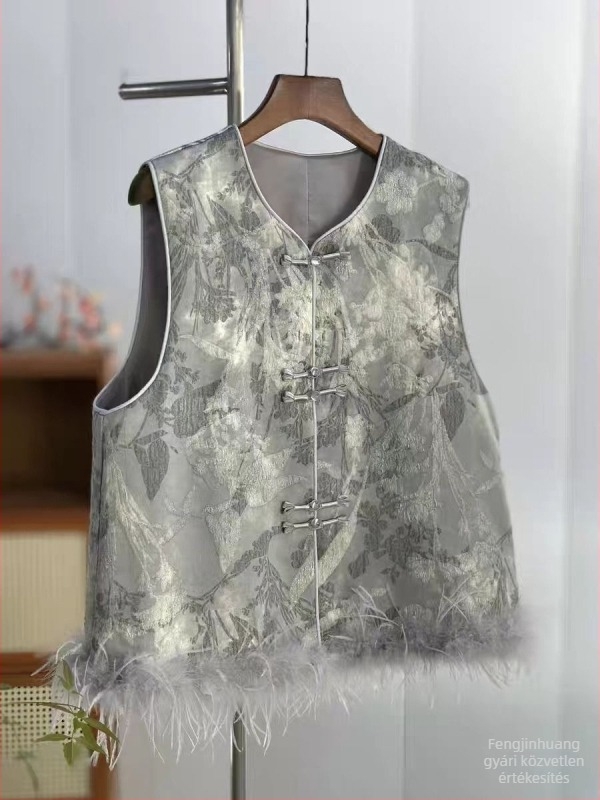 Kínai stílusú mellény V-nyakkal, egygombos záródás, kasmíri anyag, gyapjú töltet, jacquard patchwork