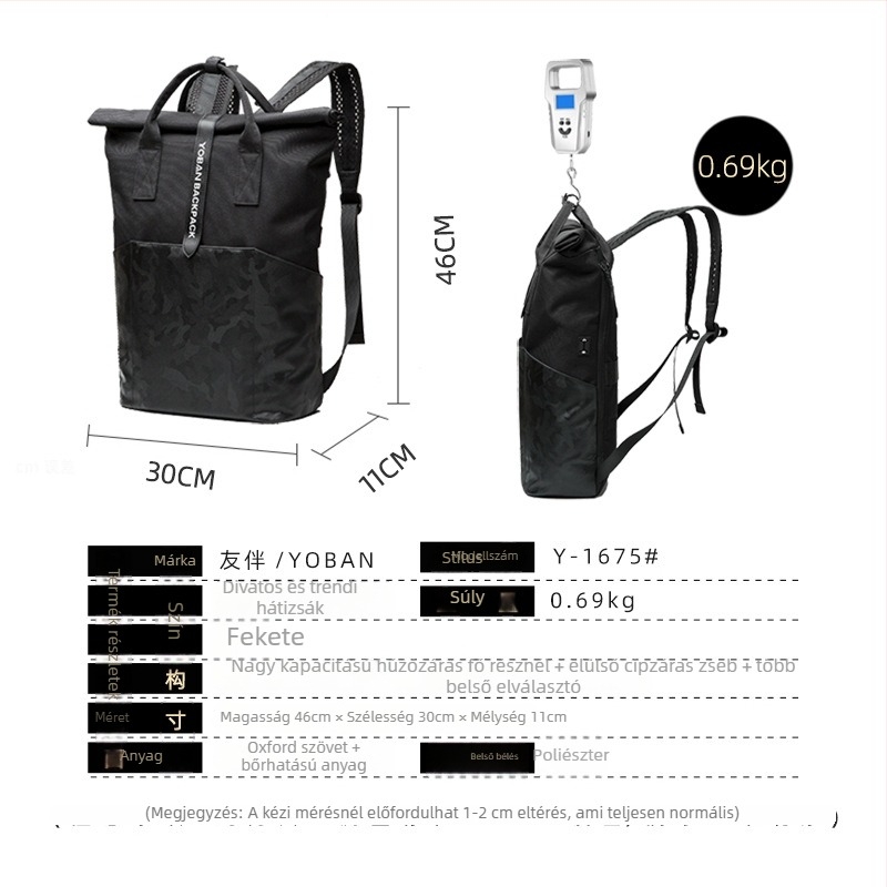 Uniszex roll-top hátizsák, vízálló Oxford anyag, 20–35 L kapacitás, 14 hüvelykes laptop számára, lélegző utazáshoz