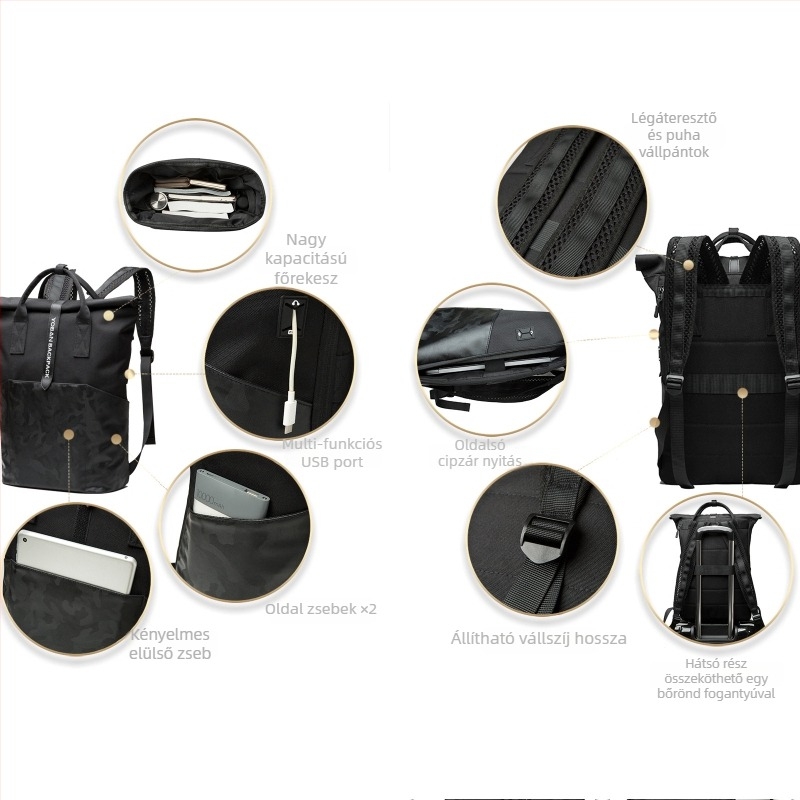 Uniszex roll-top hátizsák, vízálló Oxford anyag, 20–35 L kapacitás, 14 hüvelykes laptop számára, lélegző utazáshoz