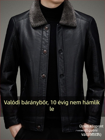 Férfiaknak vastag fleece-béléses valódi bőrdzseki, téli viselet