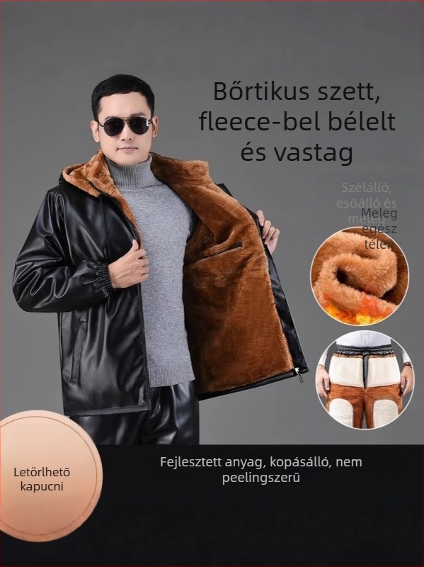 PU bőr kabát és nadrág fleece béléssel, téli szezonra, kültéri munkaruházat, szélvédett és vízálló