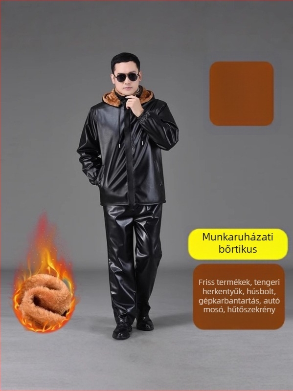 PU bőr kabát és nadrág fleece béléssel, téli szezonra, kültéri munkaruházat, szélvédett és vízálló