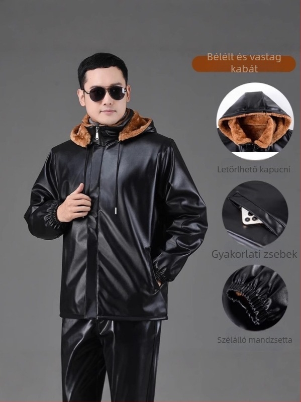 PU bőr kabát és nadrág fleece béléssel, téli szezonra, kültéri munkaruházat, szélvédett és vízálló
