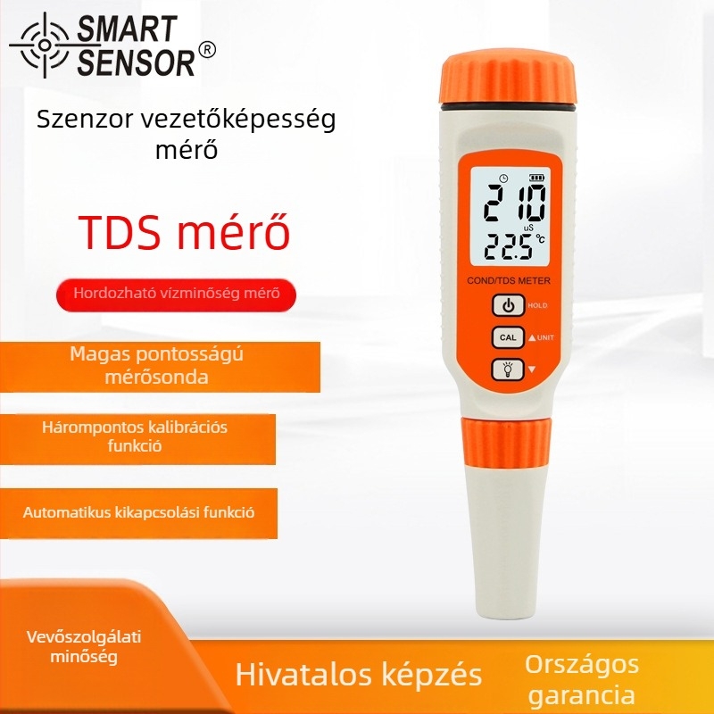 Toll-típusú vízminőség-tesztelő – vezetőképesség és TDS, hordozható AR8011 (0–19.99 mS / 0–199.99 ppm; pontosság ±3% F.S ±1 digit; felbontás 1 μS / 1 ppm / 0.1 °C; működtetés: 4x LR44)