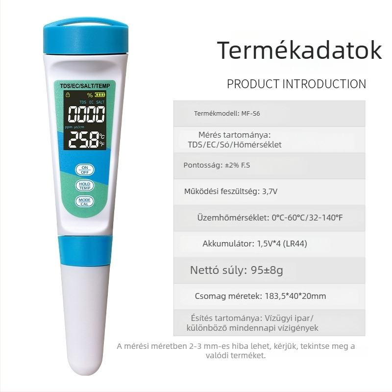 S6 hordozható vízminőség-analizátor | sótartalom mérő | Felbontás 1 ppm / 0,1 ppt | Pontosság 2% F.S | Tápellátás 6V