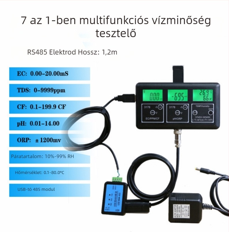 7-in-1 vízminőség-detektor - többsparaméteres online monitor RS485-es csatlakozással, pH 0–14, pontosság 0,01, összes keménység, sótartalom