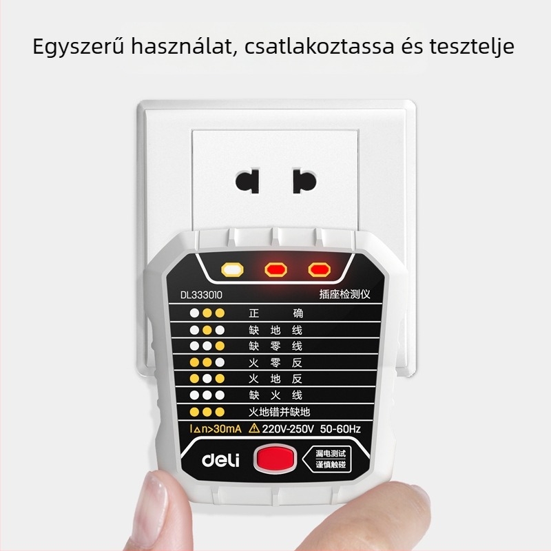 DL333010 Hordozható aljzat-vonal detektor — föld/Nulla/fázis tesztelés; többfunkciós fázis- és szivárgási áram mérés; 175–250 V, 10 A