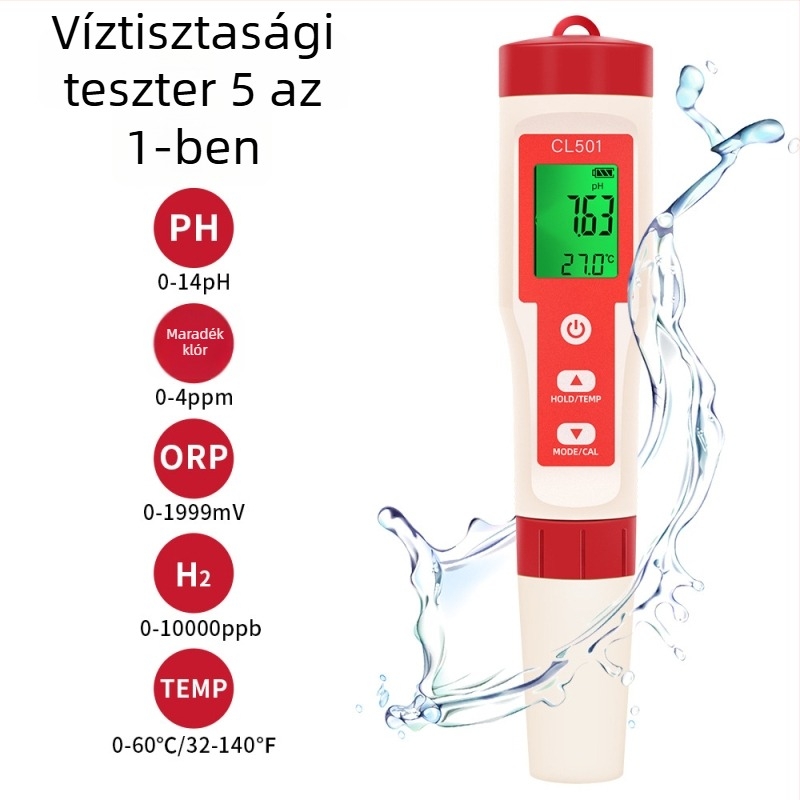 Vízminőség mérő toll, öt az egyben: pH, maradék klór, hidrogén, ORP és hőmérséklet