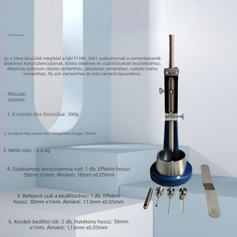 Standard Vicat készülék cementpaste állagának és megkötési idejének mérésére – Modell Standard, tartomány 0-70, pontosság 0.1, cikkszám WKY01, cserélhető kör alakú forma