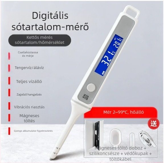 Élelmiszer- és akvakultúra sótartalom-mérő, magas pontosságú elektronikus tengervíz-sósságmérő, modell CX4010, mérési tartomány 0–5% és 0–10%, felbontás 0,01%, töltőre csatlakoztatható