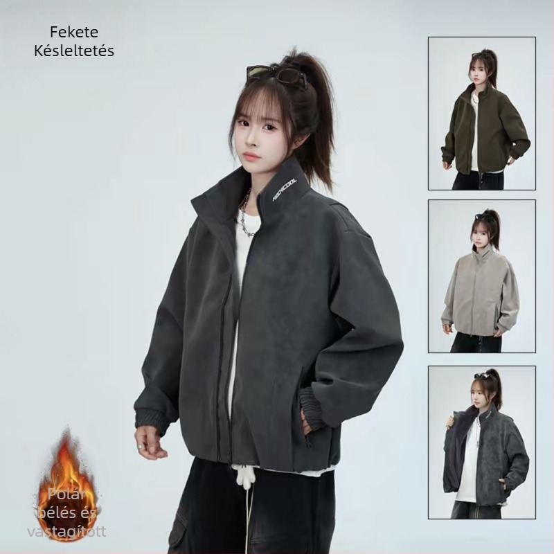 PU bőrkabát fleece béléssel, matt felület, álló gallér, cipzár, uniszex, patch zsebek, ferde szél