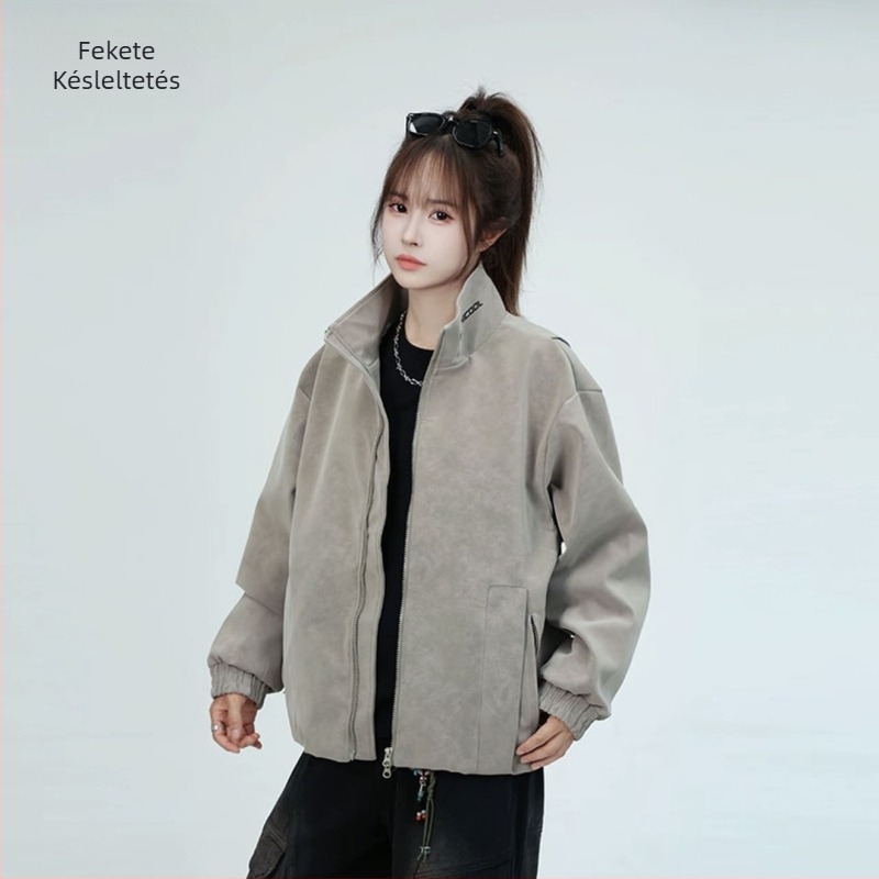 PU bőrkabát fleece béléssel, matt felület, álló gallér, cipzár, uniszex, patch zsebek, ferde szél