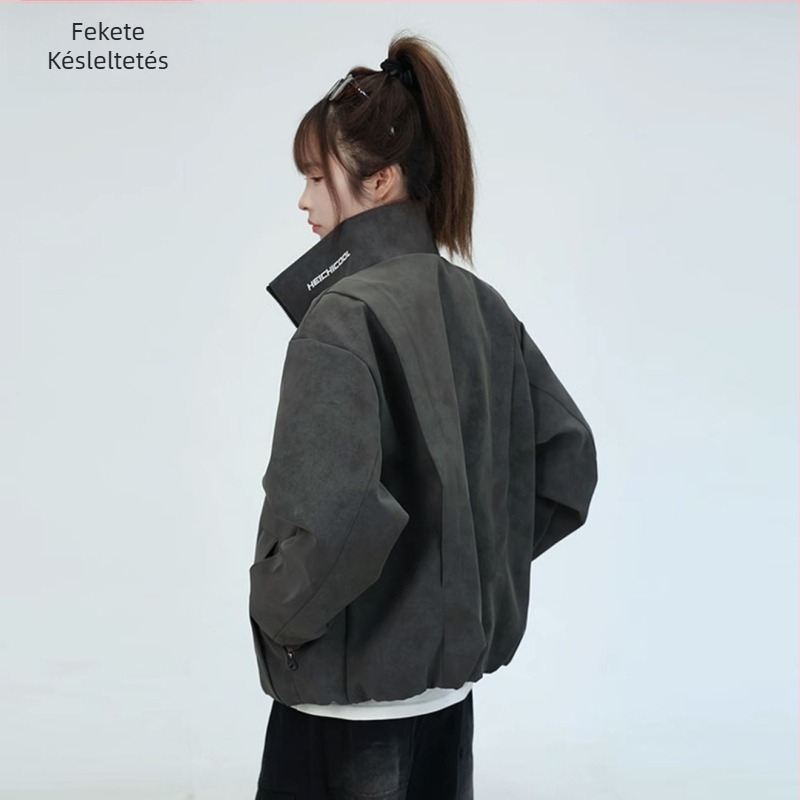 PU bőrkabát fleece béléssel, matt felület, álló gallér, cipzár, uniszex, patch zsebek, ferde szél