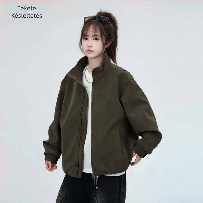 PU bőrkabát fleece béléssel, matt felület, álló gallér, cipzár, uniszex, patch zsebek, ferde szél
