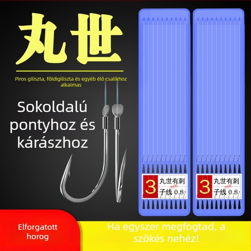 Hosszú nyelű halászharc, görbe szájú, kész kötésű damil, dupla horog hegyekkel, vad keszeghorgászatra élő csalival