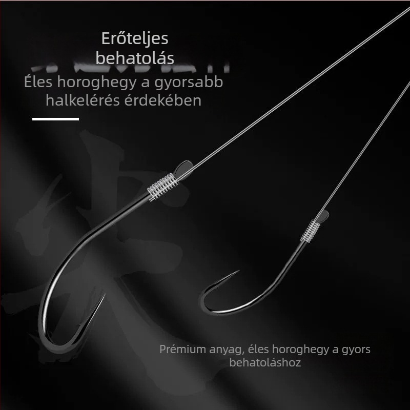 Hosszú nyelű halászharc, görbe szájú, kész kötésű damil, dupla horog hegyekkel, vad keszeghorgászatra élő csalival