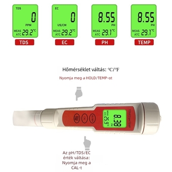 EC-9908 Hordozható vízminőség-analizátor: EC 0-9999, pH 0-14, TDS 0-9999; Pontosság 0.01; Áramellátás: 1.5V×4