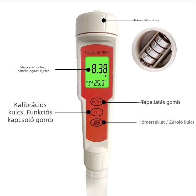 EC-9908 Hordozható vízminőség-analizátor: EC 0-9999, pH 0-14, TDS 0-9999; Pontosság 0.01; Áramellátás: 1.5V×4
