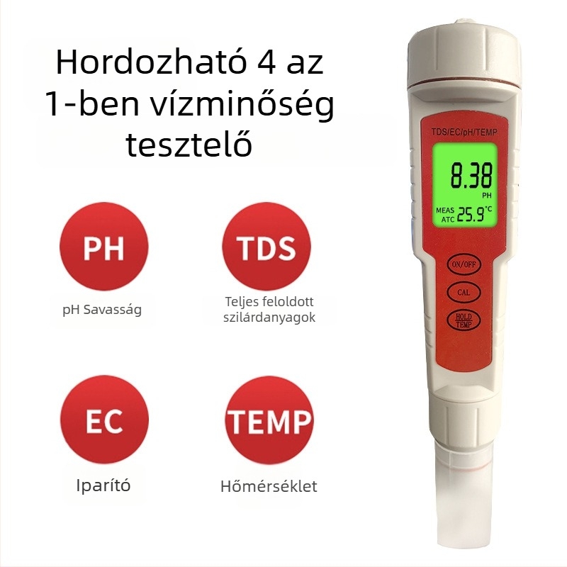 EC-9908 Hordozható vízminőség-analizátor: EC 0-9999, pH 0-14, TDS 0-9999; Pontosság 0.01; Áramellátás: 1.5V×4