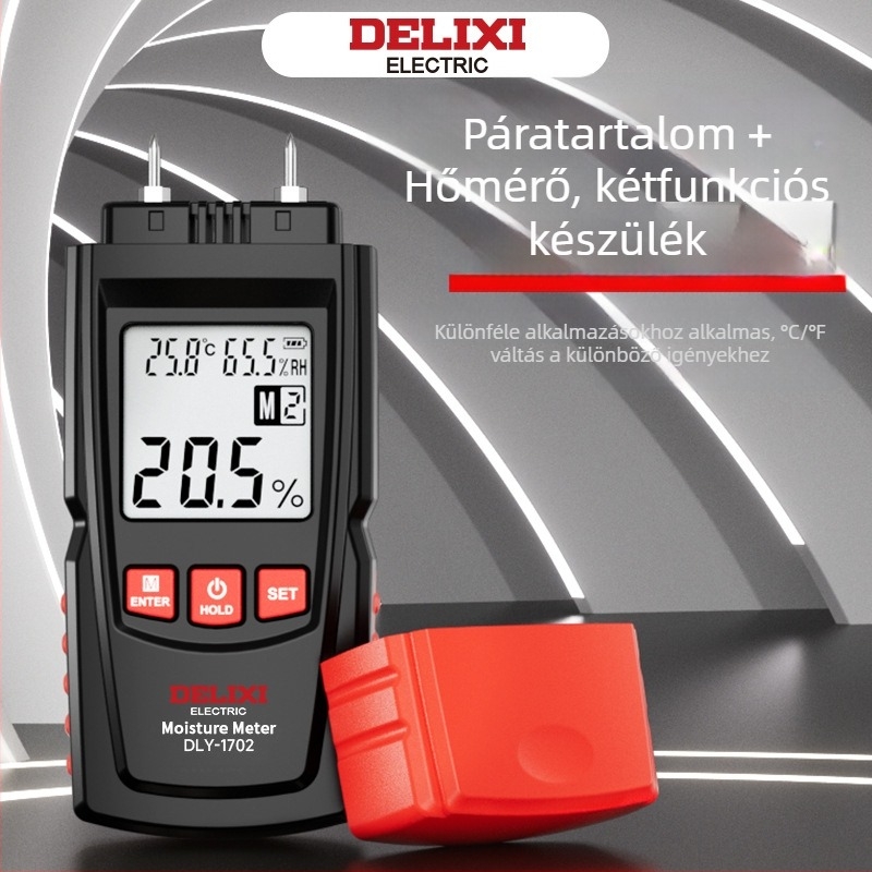 Delixi DLY-1702 Faanyag nedvességmérő, -10°C–60°C tartomány, 0.1°C felbontás, testreszabható feldolgozás