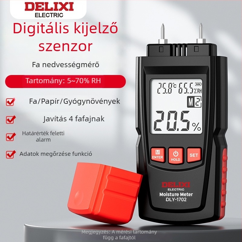 Delixi DLY-1702 Faanyag nedvességmérő, -10°C–60°C tartomány, 0.1°C felbontás, testreszabható feldolgozás