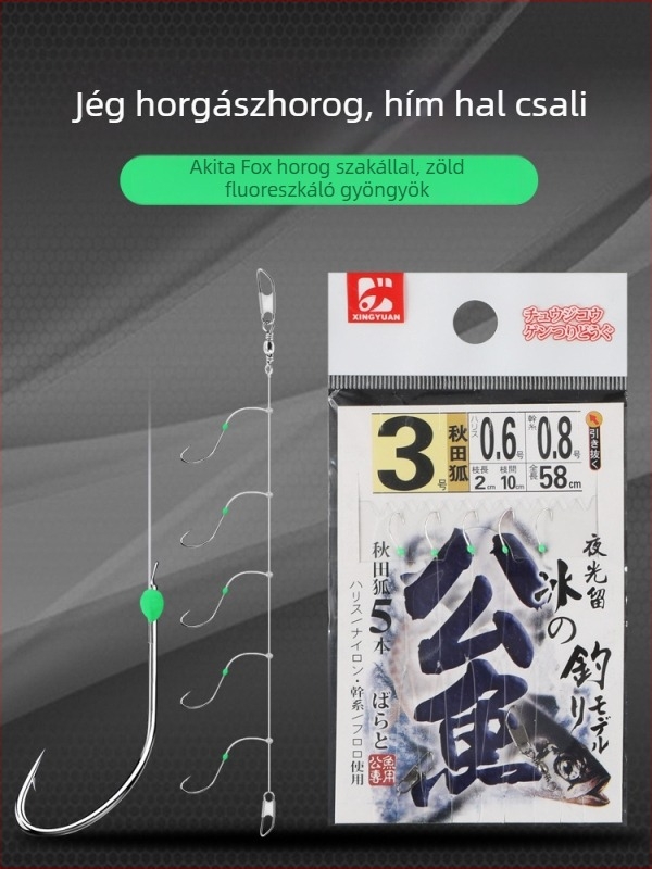 Jeges horgászkészlet világító, szúrós Akita Fox horogakkal, méretek 1.5#–3#