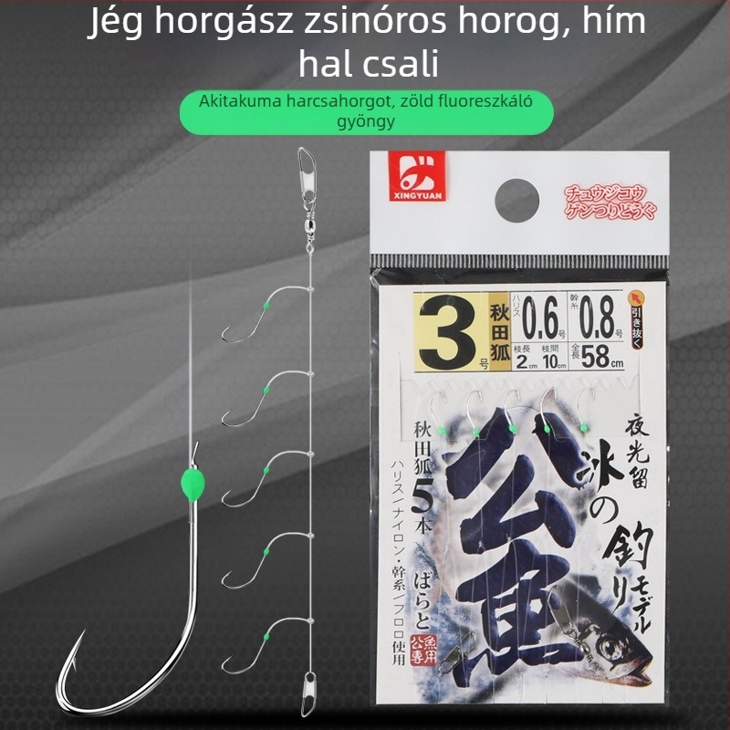 Jeges horgászkészlet világító, szúrós Akita Fox horogakkal, méretek 1.5#–3#