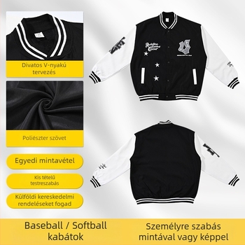 Szabadon szabású amerikai baseball kabát téli velúr béléssel, kerek nyak, egyrészes gombolás, betűs minta, poliészter anyag.