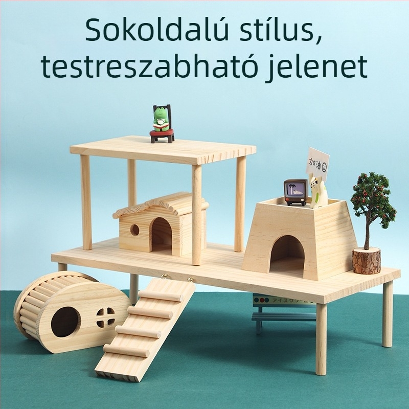 Hörcsögketrechez két szintes díszítő kiegészítő – fa platforma és mászó létra