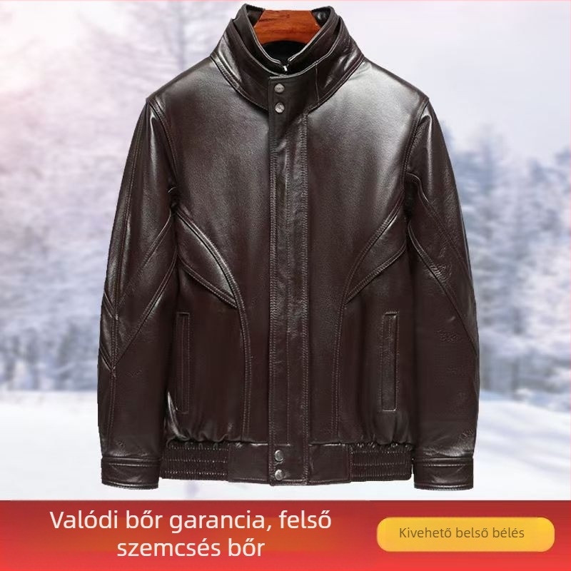 Férfi téli bőrkabát felsőrétegű marhabőrből, pilóta stílusú, pamut bélés, lazább szabás