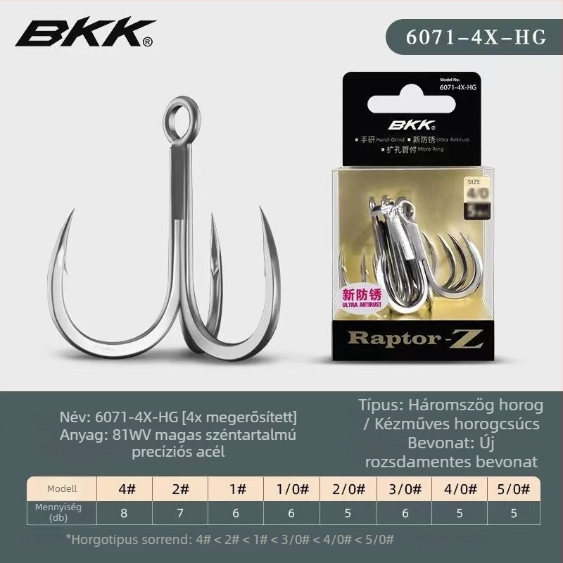BKK Fekete King Kong 6071-4X-HG háromágú horog, 4× megerősített, korrózióálló tengeri horgászatra