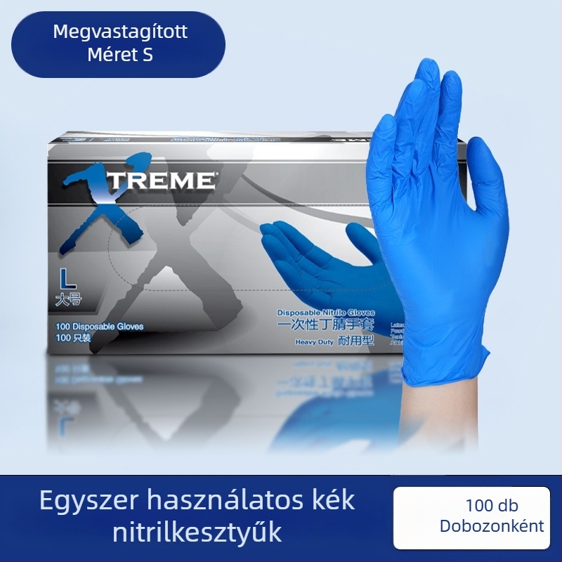 Élelmiszer-minőségű nitril egyszer használatos kesztyűk, sav- és bázisállóak, vastagabb gumiból, antistatikusak, laboratóriumi és vegyipari üzemek számára